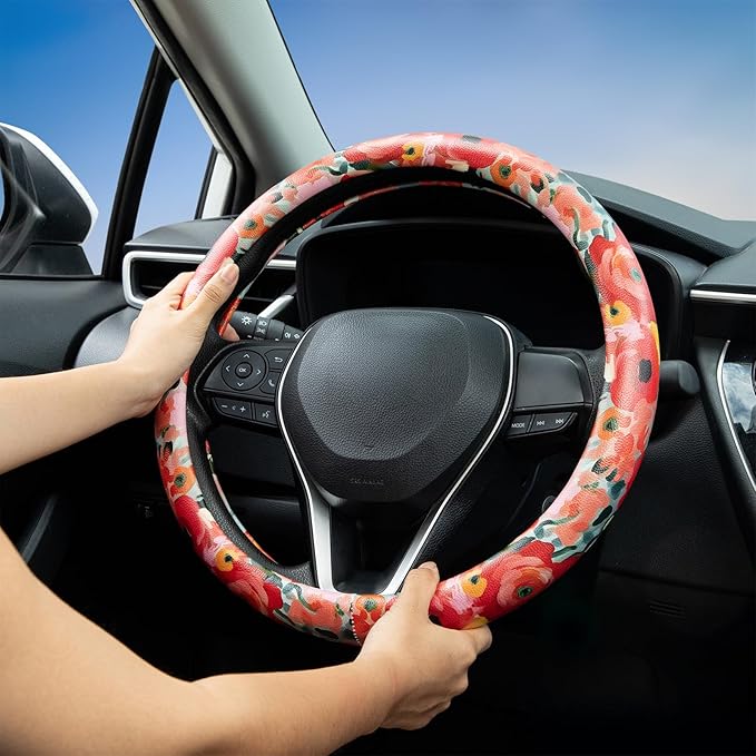 Poppy Coral Pink Flowers Steering Wheel Cover Auto Jacquard Steering Wheel Protector, Anti-Slip, Breathable, Absorbing Sweat, Universal Car Accessories 14.5–15 inch,Fit for Most Car, Trucks, SUV
