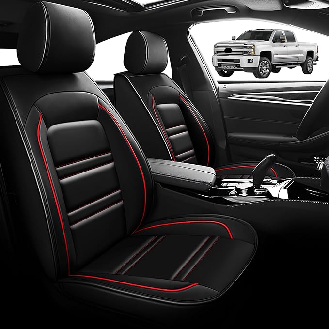 Seat Cover for Chevy Silverado 2007-2025 | Car Seat Covers Front Seats, Waterproof Seat Protectors, Automotive Front Seat Covers (Front Seat, Black&Red Line)