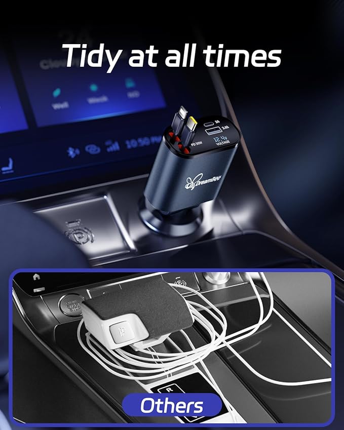 DreamBee Retractable Car Charger,66W 4 in 1 Super Fast Charge Car Phone Charger,Gifts for Men Women Car Truck Accessories for iPhone 17/16/15/14/13/12 Pro Max XR,iPad,Samsung,Pixel-Blue