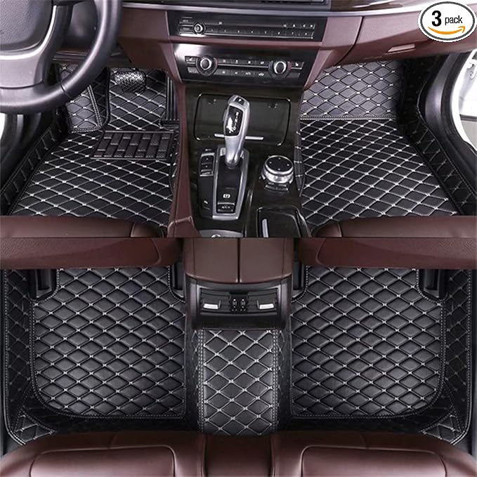 YaruicarCustom Car Floor Mats for 99.99% Sedan SUV Sports Car Men Women Protection Full Coverage Pads Anti-Slip Leather Floor Lining All Weather Car Floor Mats (Black Beige)