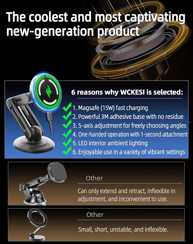 for 15W MagSafe Car Mount Charger, Qi2 Ultra Strong Magnet Phone Holder,【Three-fold Rotation】 LED Magnetic Wireless Car Charger, Car Phone Holder Mount for iPhone 16/15/14/13/12 Pro Max Plus