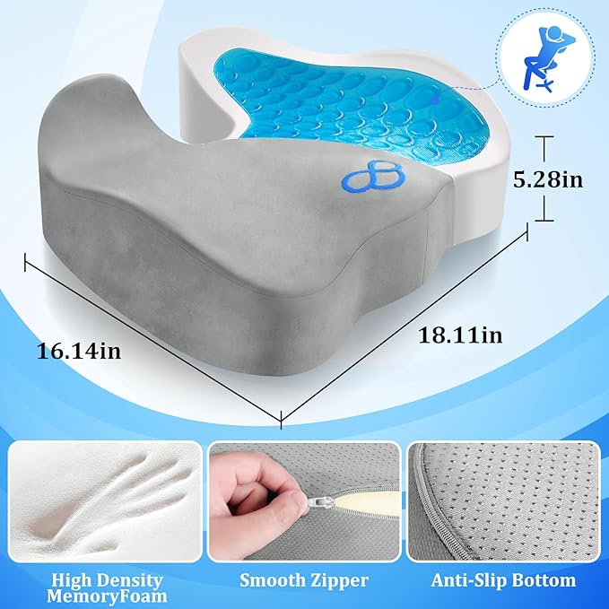 Seat Cushion, Chair Cushions, Office Chair Cushions, Anti-Slip Bottom & Removable Cover Tailbone Pain Relief Cushion, Memory Foam Seat Cushion, 5.28 in Thick (Light Grey)