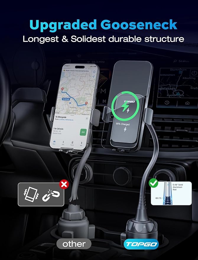 TOPGO Dual Coil Cup Phone Mount Wireless Charger, Universal Cell Phone Holder, Cup Holder 15W Fast Charging for iPhone 17 16 Pro Max, Samsung Galaxy - Black