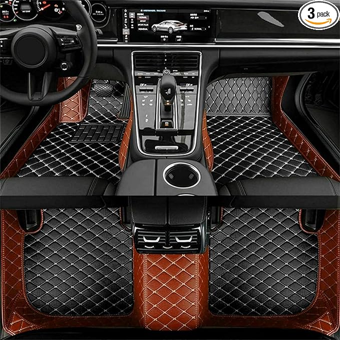 YaruicarCustom Car Floor Mats for 99.99% Sedan SUV Sports Car Men Women Protection Full Coverage Pads Anti-Slip Leather Floor Lining All Weather Car Floor Mats (Brown Black)