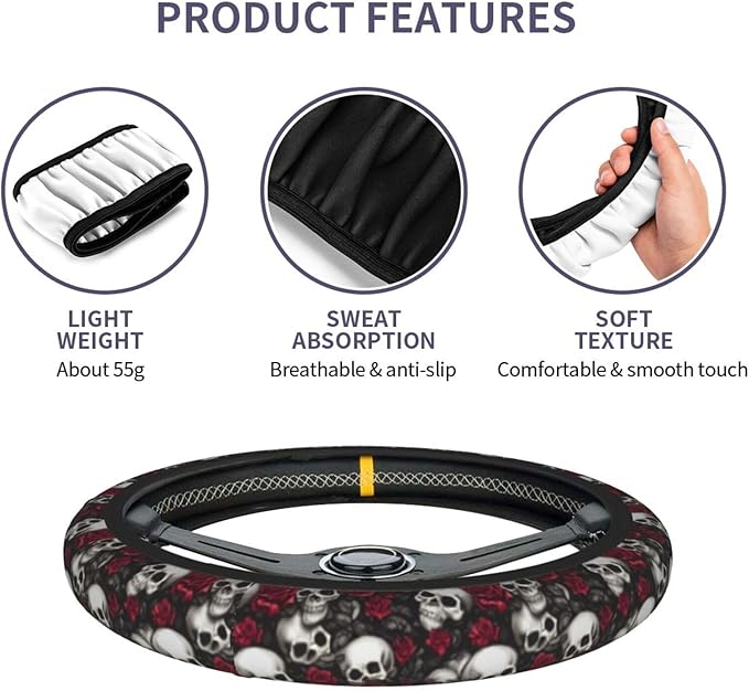 Skull Rose Steering Wheel Cover with 2 Car Coasters Non Slip Neoprene for Women Men Universal 15 Inch