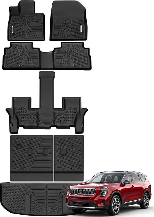 YITAMOTOR Fit for 2020-2025 Kia Telluride 7&8 Seats Floor Mats & Trunk Mat with Backrest Mat, All Weather TPE Waterproof Floor Liners Fit for Kia Telluride Accessories Back Seat Protector