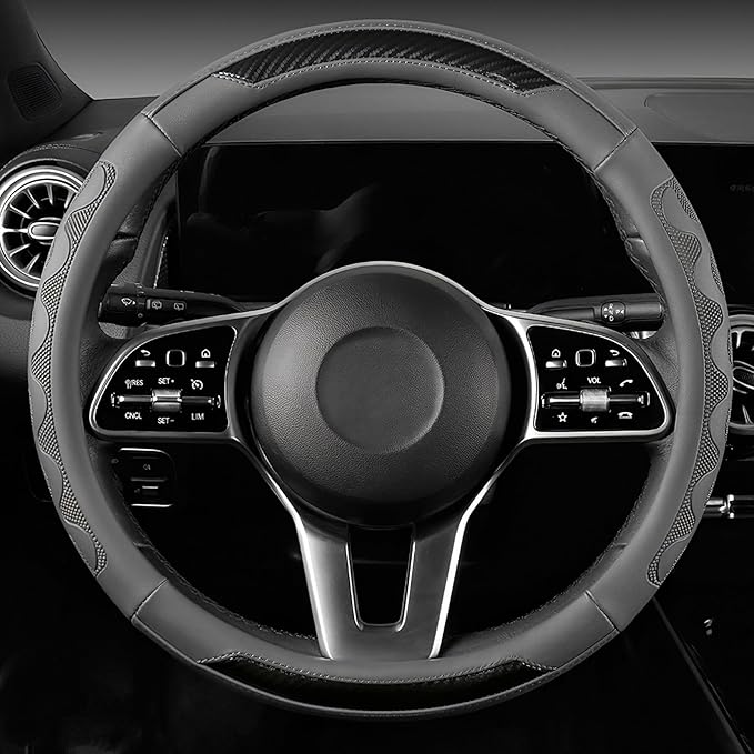 SEG Direct Car Steering Wheel Cover Medium Size 14 1/2"-15" Embossed Microfiber Leather with Carbon Fiber Pattern Gray