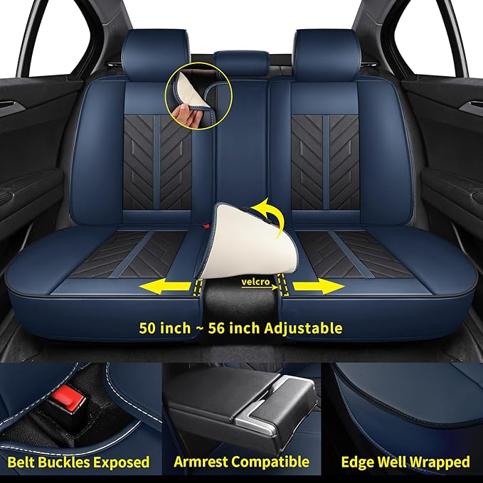 Tomatoman Car Seat Covers Full Set,Universal Automotive Breathable Leather Vehicle Cushion Full Coverage Protectors Fit for Most Cars SUV Pick-up Truck(Full Set/Black Blue)
