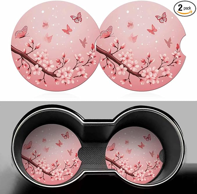 Pink Cherry Blossom Car Coasters for Cup Holders Car Cup Holder Coasters 2 Pack for Car, Anti Slip Ceramic Car Cup Mat with Finger Notch Cute Car Interior Accessories for Women Men