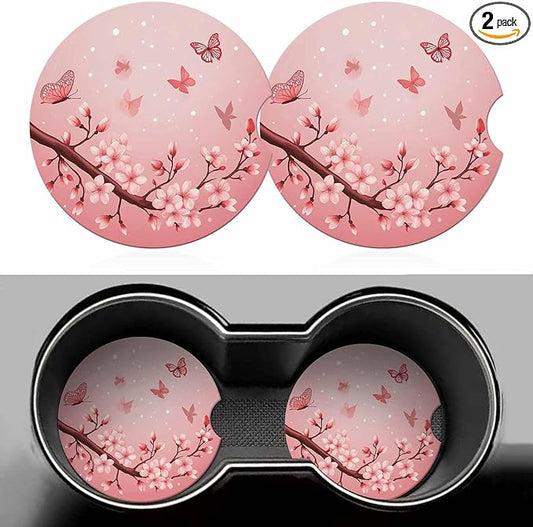 Pink Cherry Blossom Car Coasters for Cup Holders Car Cup Holder Coasters 2 Pack for Car, Anti Slip Ceramic Car Cup Mat with Finger Notch Cute Car Interior Accessories for Women Men