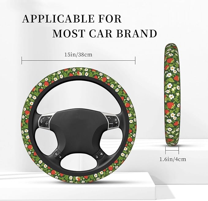 White Flowers Strawberry Steering Wheel Cover for Women Girls, 15 Inches Anti-Slip Steering Wheel Cover for Auto Truck SUV