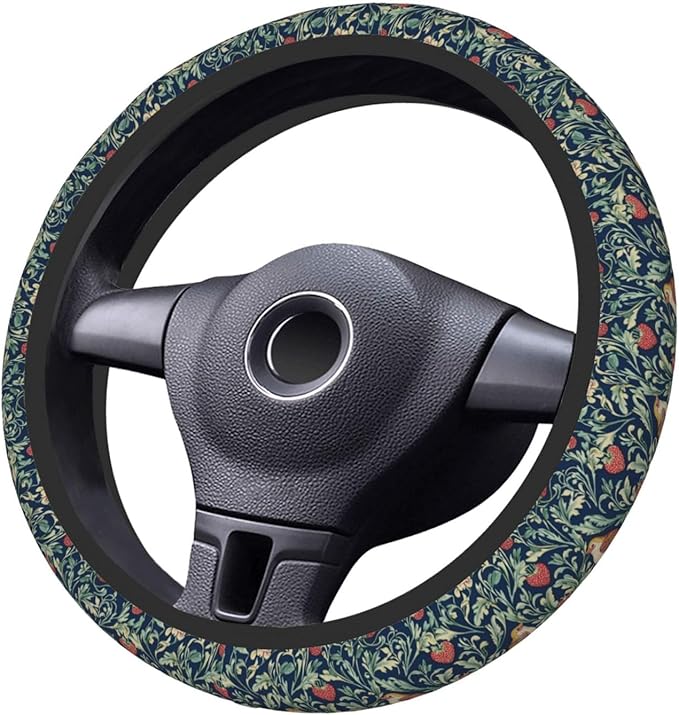 Yellow Birds Strawberry Flowers Steering Wheel Cover for Women Girls, 15 Inches Anti-Slip Steering Wheel Cover for Auto Truck SUV