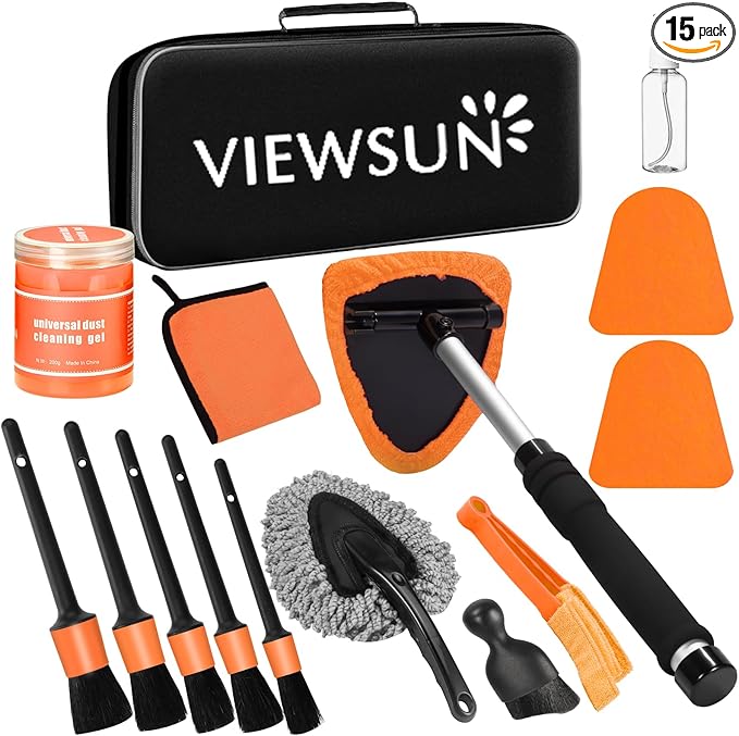Viewsun Windshield Cleaner Tool, 15Pcs Car Interior Cleaning Kit, Detailing Kit Cleaner, Detailing Brush, Cleaning Gel, Inside Cleaning Supplies Accessories for Trucks, SUVs, RVs Window