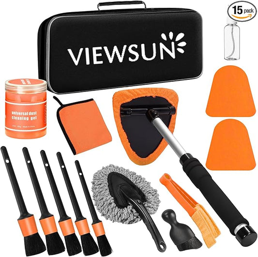 Viewsun Windshield Cleaner Tool, 15Pcs Car Interior Cleaning Kit, Detailing Kit Cleaner, Detailing Brush, Cleaning Gel, Inside Cleaning Supplies Accessories for Trucks, SUVs, RVs Window