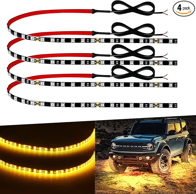 12V Led Light Strip 18" Connectable Amber LEDs Strip Lights for Car Motorcycle Golf Cart Automotive Trucks Boat Marine Waterproof Amber Led Strip, 4Pack