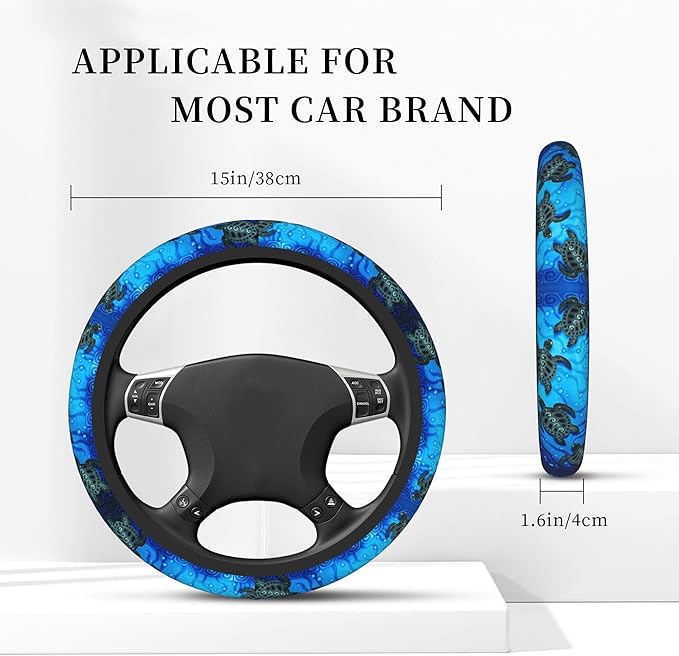 Watercolor Blue Sea Turtle Car Steering Wheel Cover Universal Fit 15 Inch, Anti-Slip Breathable Sweat Absorption Neoprene Steering Wheel Protector for Women Men