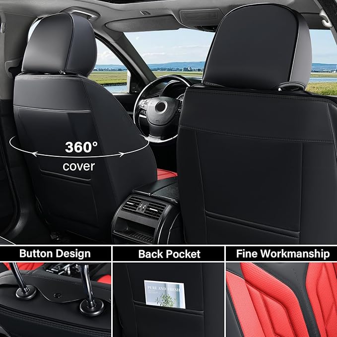 Coverado Car Seat Covers Full Set, Automotive Seat Covers Car Seat Protector Car Seat Cushion, Waterproof Leather Seat Covers for Cars, Universal Fit for Most Sedans SUV Pick-up Truck(Black&Red)