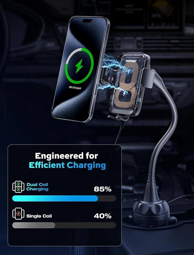 TOPGO Dual Coil Cup Phone Mount Wireless Charger, Universal Cell Phone Holder, Cup Holder 15W Fast Charging for iPhone 17 16 Pro Max, Samsung Galaxy - Black