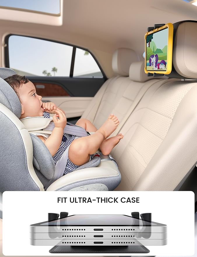 Lamicall Tablet Holder for Car Headrest - [Thick Case Friendly] [360° Rotation] Car Tablet Mount for Backseat, Road Trip Essentials for Kids, for iPad Pro, Air, Mini, Galaxy, Fire HD, 6.1-13" Tablets