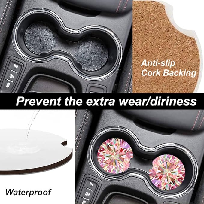 Pink Diamond Absorbent Cup Holders Car Coasters,Ceramic Stone Drinks Coaster Set for Women Man 2.56"(2 Pack)