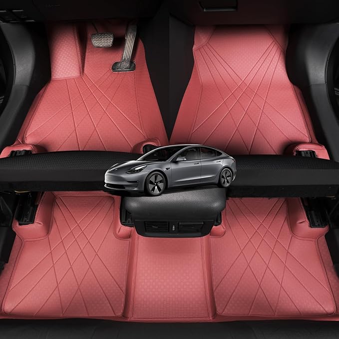 EKR Custom Floor Mats for Tesla Model 3 2024-2025, Front & 2nd Row Luxury Car Floor Mat Fit Model 3 2024 2025 - Leatherette Floor Liners (Burgundy)