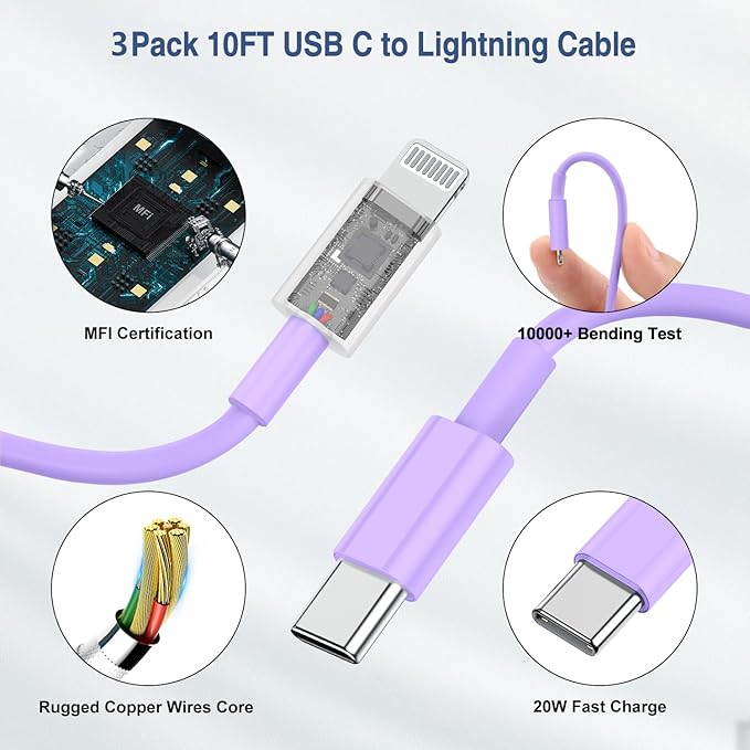i Phone Charger Fast Charging 10 FT, 3-Pack 20W PD USB C Charger Block with i Phone 14 13 Charger Cable 10 Foot, Compatible with iPhone 14 Pro 13Pro Max 12 11Pro Mini - Purple