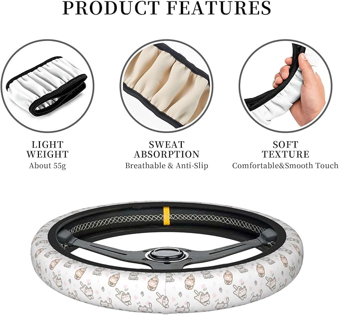 Dujiea Cute Cartoon Cat Elastic Stretch Steering Wheel Cover- Anti-Slip and Durable Car Steering Wheel Accessories for Women Men, 15 Inch Universal Fit Car, Truck, SUV