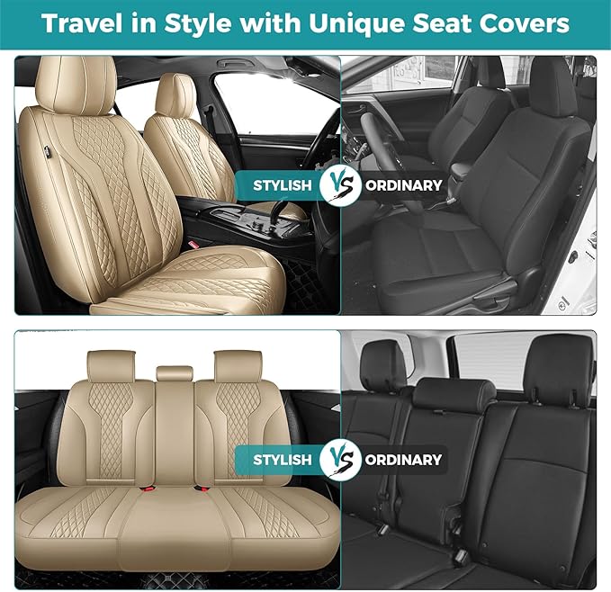 Leather Car Seat Covers - Breathable Faux Leather Seat Covers Full Set for Cars SUV Sedan - Waterproof - Beige