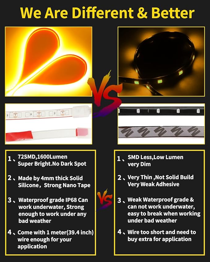 YM E-Bright Car Led Strip Lights Cuttable Underbody Ambient Led Lighting for Motorcycle Trucks Van Boat Night Fishing Interior Exterior Waterproof IP68 24inch 60CM 72SMD 12v,Yellow/Amber(Pack of 4)