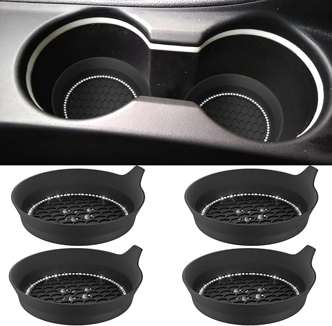 4 PCS Car Cup Coasters, Universal Cup Holder Coaster for Car Accessories, Bling CupHolders Insert for Women Non-Slip Silicone Car Cup Holder Coasters