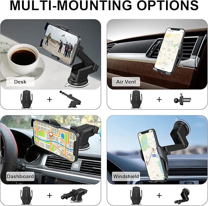 Wireless Car Charger Mount, 15W Qi Fast Charging Auto-Clamping Cell Phone Car Holder Air Vent Windshield Dashboard Long Arm Suction Cup Car Phone Mount for iPhone13 /12/11 Samsung S20/S10/S9/S8 LG