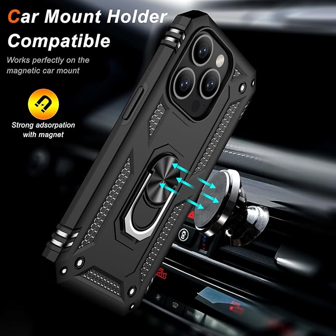 IKAZZ for iPhone 14 Pro Case 6.1 Inch with Screen Protector,Military Grade Shockproof Heavy Duty Protective Phone Cover Pass 16ft Drop Test with Magnetic Kickstand Car Mount Holder,Black