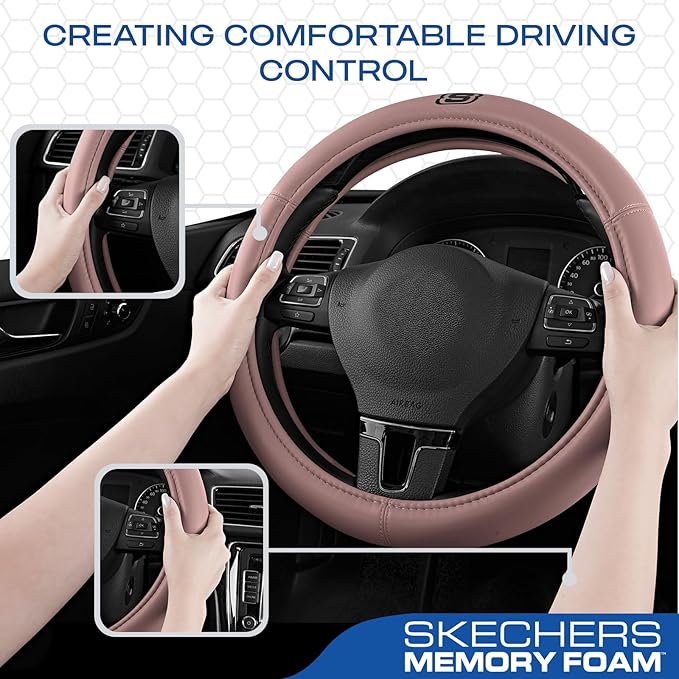 Skechers Memory Foam Pink Steering Wheel Cover,Grade Protein Leather Steering Wheel Cover,Universal Fit 14" 1/2-15" Car Wheel Cover for Women Stylish Decor Gifts Fit Suvs,Vans,Sedans,Car,Trucks,Pink