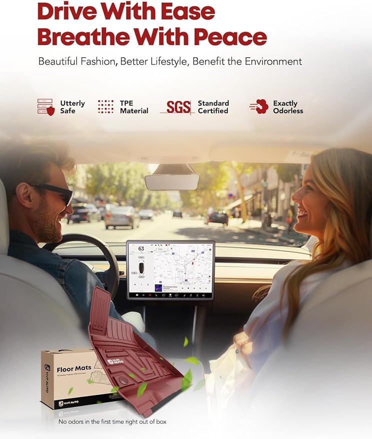 YHTAUTO Floor Mats Compatible with Tesla Model 3 2021-2023, All Weather TPE Front Rear Cargo Liner, Rear Storage Mats, Model 3 Accessories, Red, Set of 6