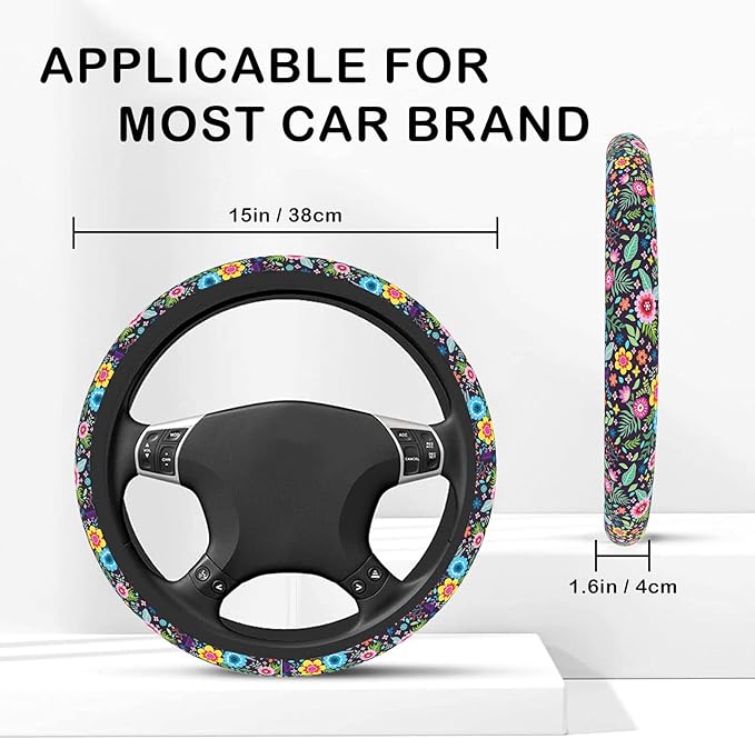 Wildflower Flower Floral Steering Wheel Cover for Women Anti-Slip Universal Car Accessories 15 inch Steering Wheel Protector Fit Auto SUV Sedan Vans Trucks