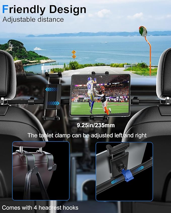 Tablet Holder for Car Headrest with 4 Headrest Hooks, Car Tablet Mount Back Seat for Kids Fit 4-13" Tablets & Phones, ipad Car Holder Back Seat for iPad Pro 12.9, Air, Mini, Galaxy, Fire