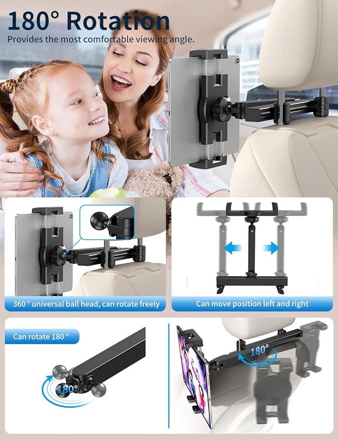 Tablet Holder for Car Headrest, [3 in 1 Adjustable Extension Arm] iPad Car Mount for Back Seat, Road Trip Essentials for Kids, for 4.7-12.9" Like iPad Pro, Air, Mini, Galaxy, Fire HD Tablet
