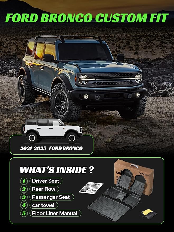 TPE All-Weather Floor Mats Cargo Liner for Ford Bronco 4 Door 2021-2025(Not for Bronco Sport) | Custom Fit Floor Liners Trunk Mat,1st & 2nd Row & Cargo Liner, Easy to Clean (4-Piece Set, Black)