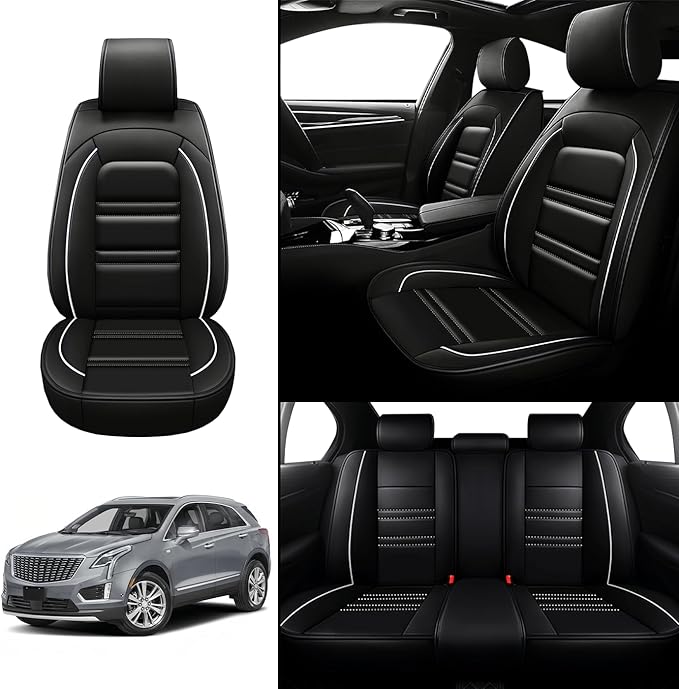 Seat Covers for Cadillac xt5 2017-2025 | 5-Seats Leather Seat Covers, Easy to Install Automotive Seat Covers Full Set (Full Set, Black&White Line)