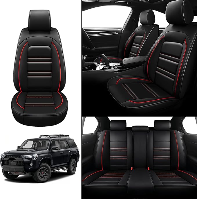 Seat Covers for Toyota 4runner 1991-2025 | 5-Seats Leather Seat Covers, Easy to Install Automotive Seat Covers Full Set (Full Set, Black&Red Line)