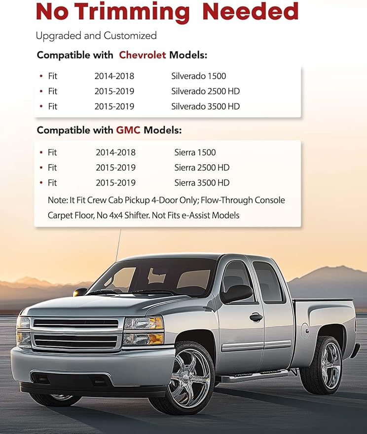 YHTAUTO Floor Mats Fit 2014-2018 Chevy Silverado/GMC Sierra, 2015-2019 2500HD/3500HD Crew Cab, Black TPE All Weather Car Mats Waterproof Odorless Floor Liner, 1st & 2nd Row Liner