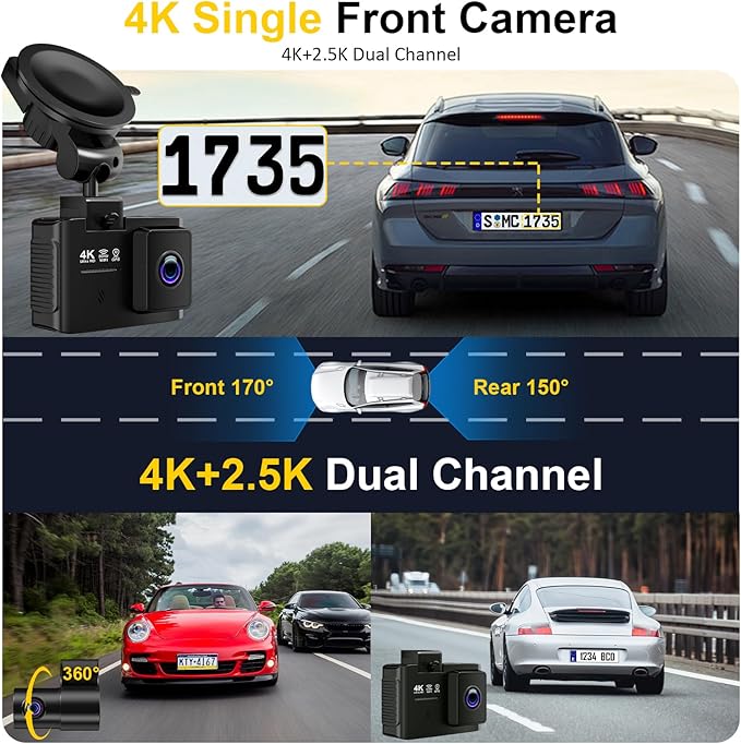 Dash Cam Front and Rear: 4K+2.5K Dual Channel Dash Cam-5GHz WiFi, GPS Dash Camera for Cars with 64GB Card, 2.0" IPS Screen, App Control,G-Sensor,Loop Recording,170°Wide Angle,Night Vision,Parking Mode