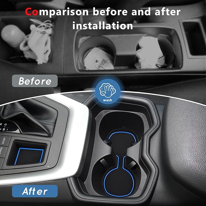 Auovo 3D Cup Holder Insert Liners Compatible with Toyota RAV4 Accessories 2025 2024 2023 2022 2021 2020 2019 Car Custom Cup Holder Mats Pads 4-pc Set (Blue Trim)