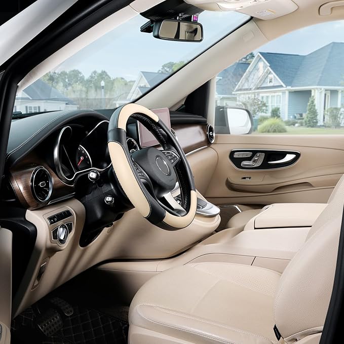 SEG Direct Car Steering Wheel Cover for Medium Standard Size Steering Wheels with 14 1/2-15 inches Outer Diameter, Black and Beige Microfiber Leather