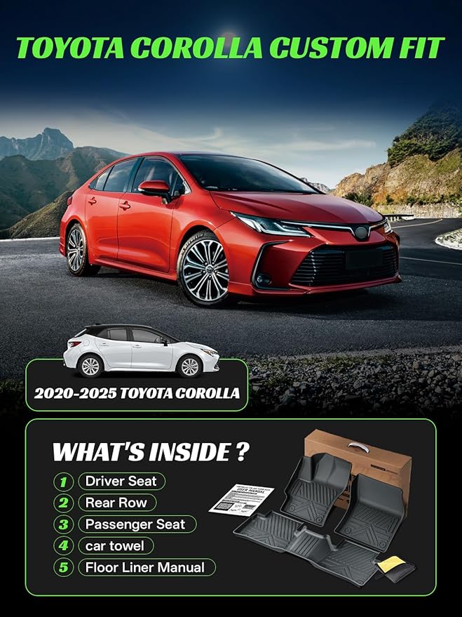 TPE All-Weather Floor Mats for Toyota Corolla Sedan 2020-2023 2024 2025 | Custom Fit Heavy Duty Truck Floor Liners | Front & Rear Row Protection | Durable, Odorless, Accessories (3-Piece Set, Black)