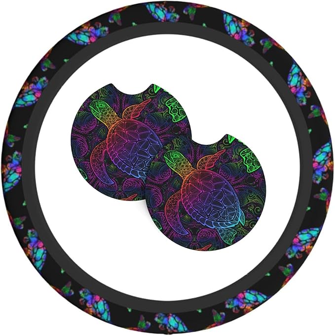 Sea Turtle Steering Wheel Cover with 2 Car Coasters Non Slip Neoprene for Women Men Universal 15 Inch