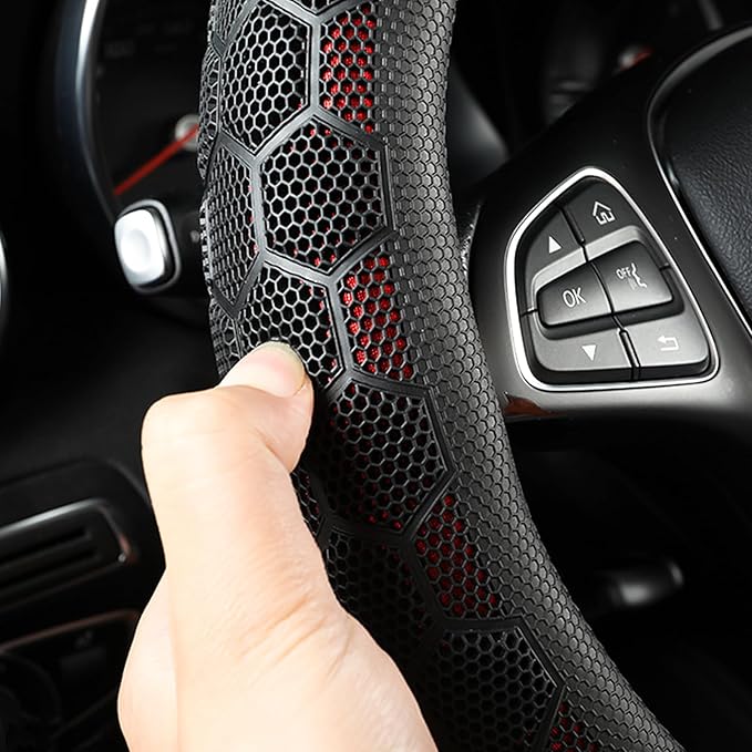 3D Honeycomb Red Steering Wheel Cover, 14.5-15 Inch Non-Slip Breathable Leather Car Steering Wheel Cover for Men Women