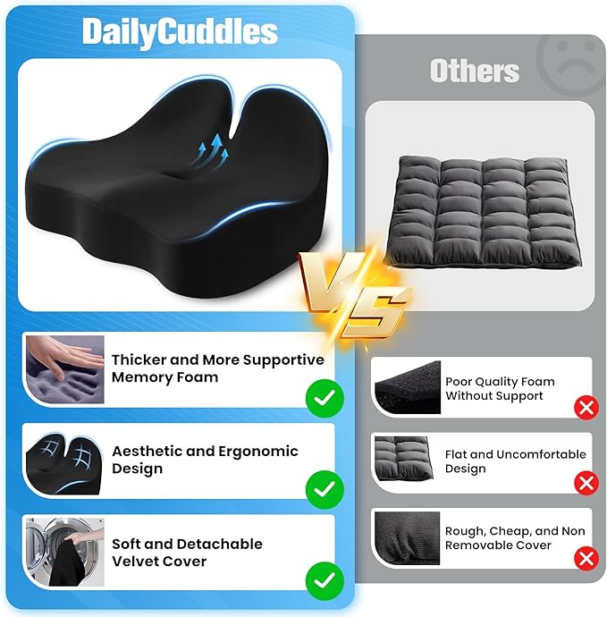 Seat Cushion, Chair Cushions for Office Chairs/Desk Seats/Wheelchair - Hip&Sciatica&Tailbone Pain Relief Memory Foam Office Chair Cushion for Long Sitting Office Workers, Black