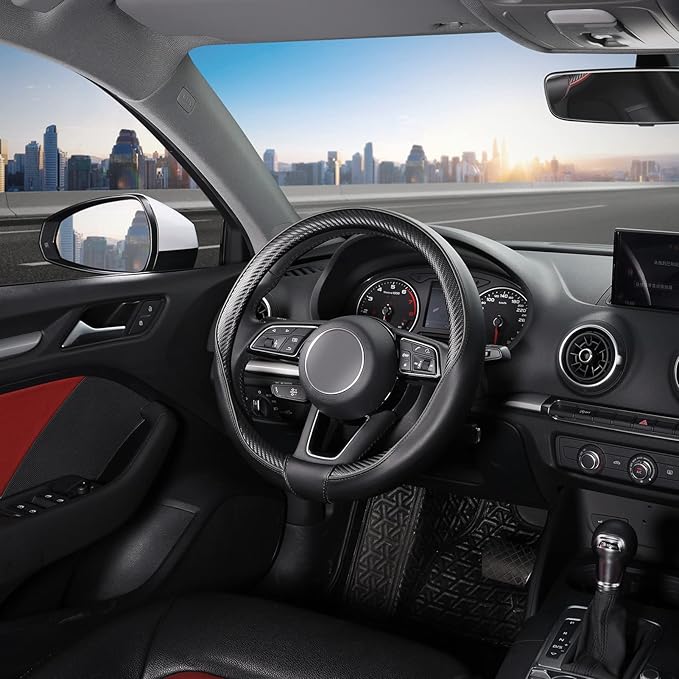 SEG Direct Car Steering Wheel Cover Small-Size for Prius Civic Model 3 Model Y Camaro Rogue with 14"-14 1/4" Outer Diameter Leather with Carbon Fiber Pattern Black