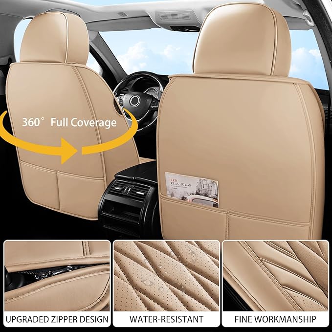 WELLDO Car Seat Covers Full Set, Leather Seat Covers for Cars, Car Seat Protector Waterproof, Non-Slip Car Interior Covers Full Set Universal Automotive Seat Covers for Most Cars SUVs, Beige